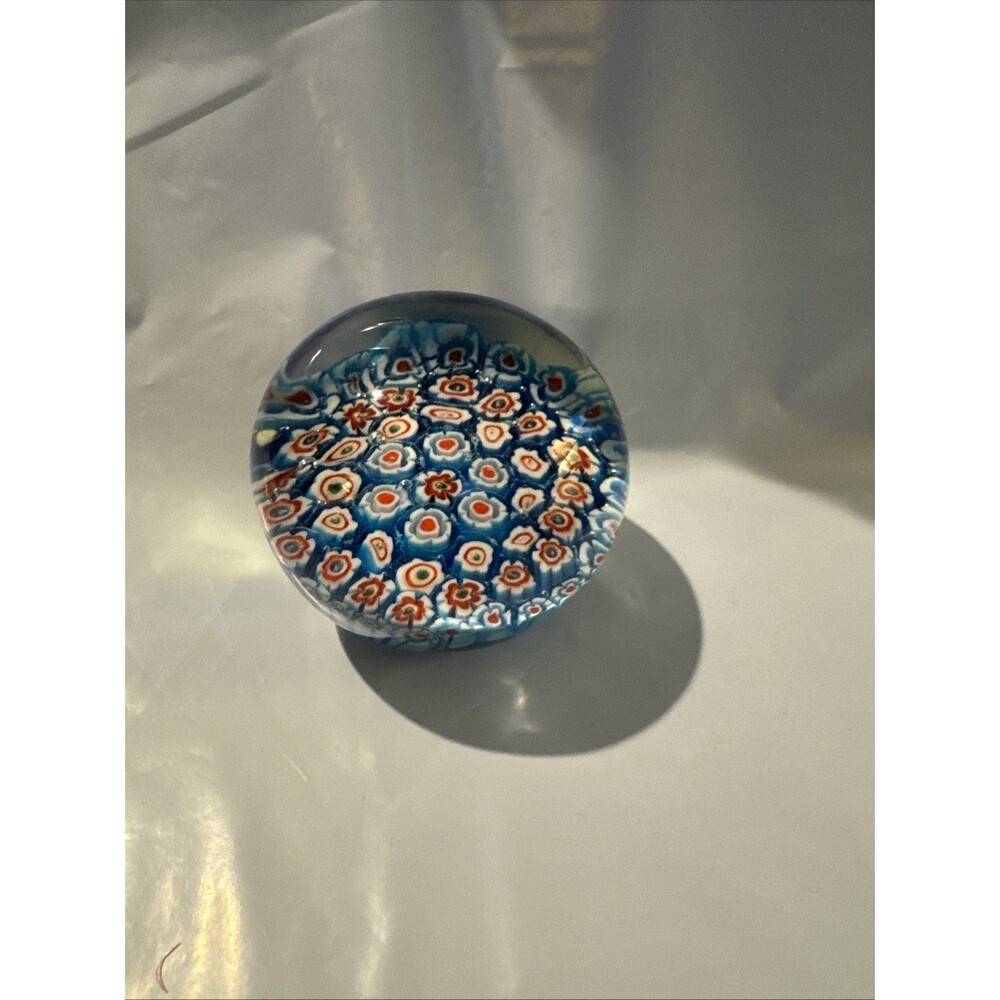 Art Glass Millefiori Turquoise And Orange Paperweight 2” Tall
